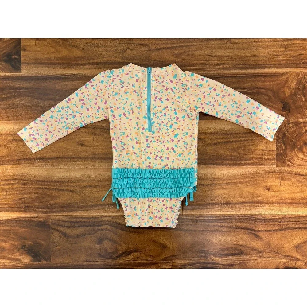 RuffleButts Long Sleeve Rash Guard Swimsuit, Confetti Beach, Size 2T
